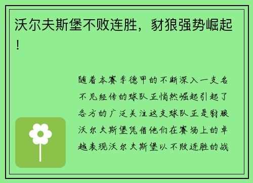 沃尔夫斯堡不败连胜，豺狼强势崛起！